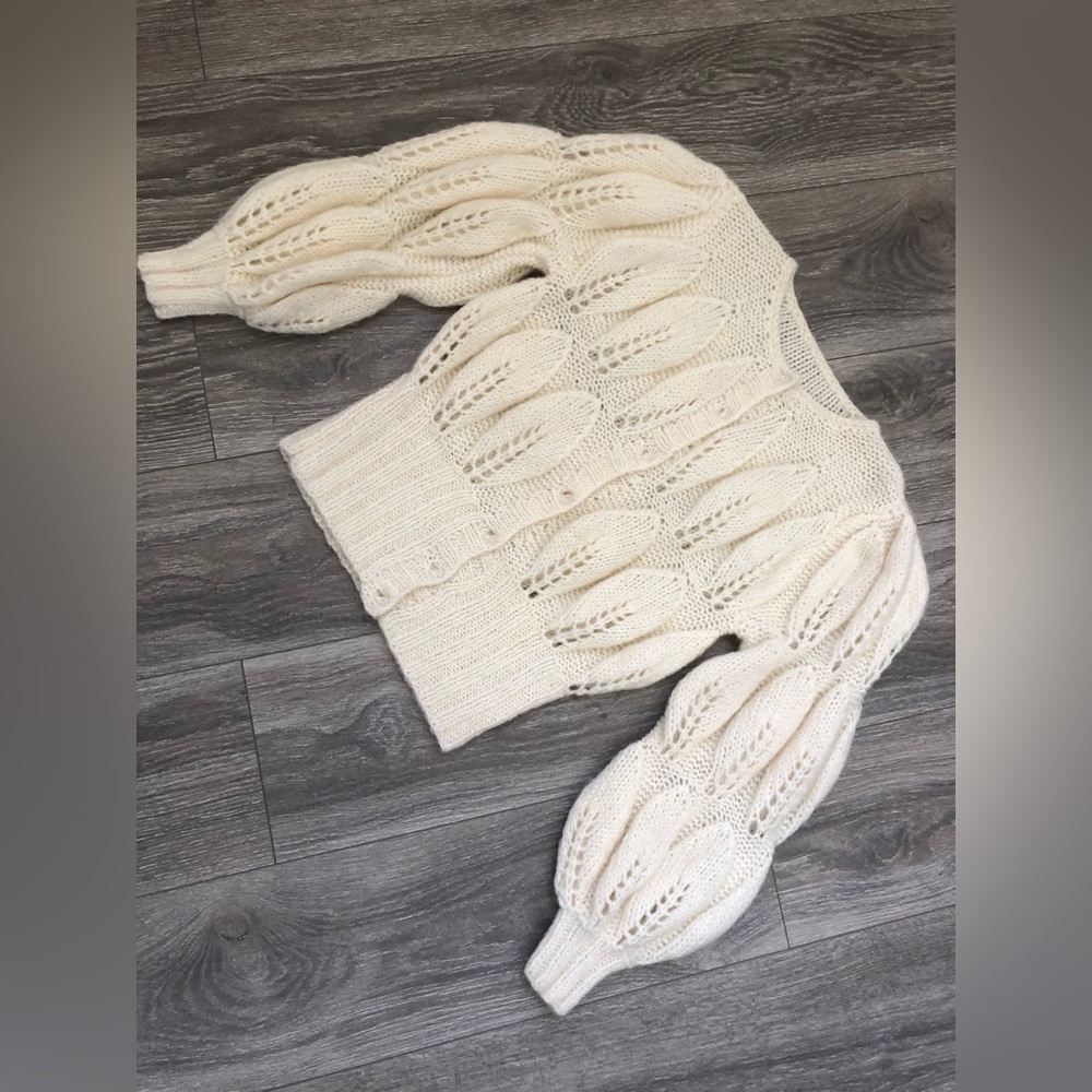 Vintage Unique 3D Leaf Pointelle knit cropped cardigan sweater